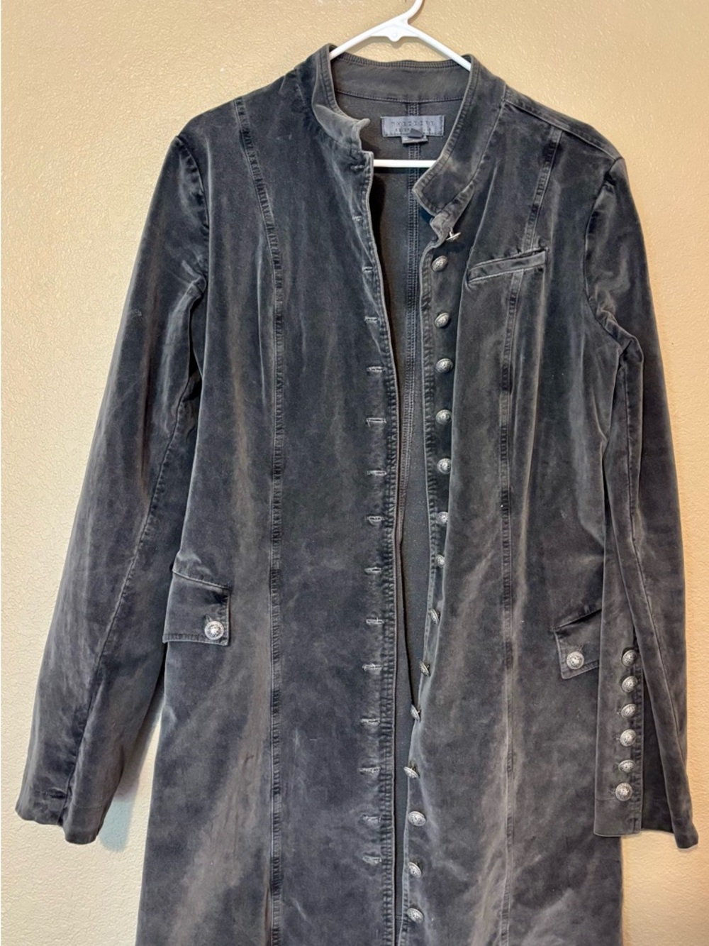 Long Dark Gray Velvet Military-Style Coat